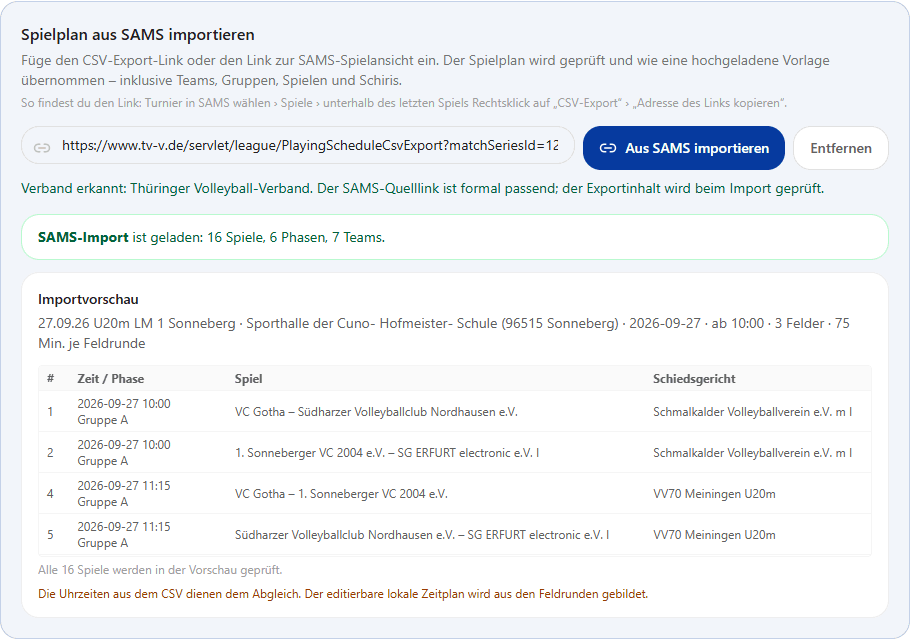 Dialog zum Einfügen eines SAMS-CSV-Links mit Vorschau des importierten Spielplans